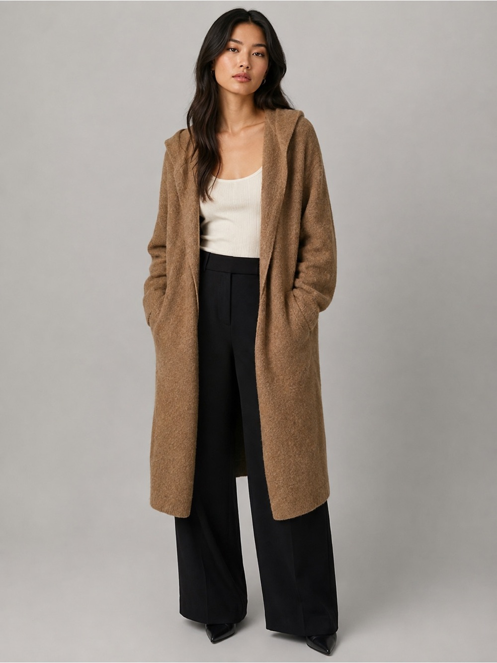 Babaton Aritzia Hooded Alpaca Wool Blend Maxi Cardigan in Tan